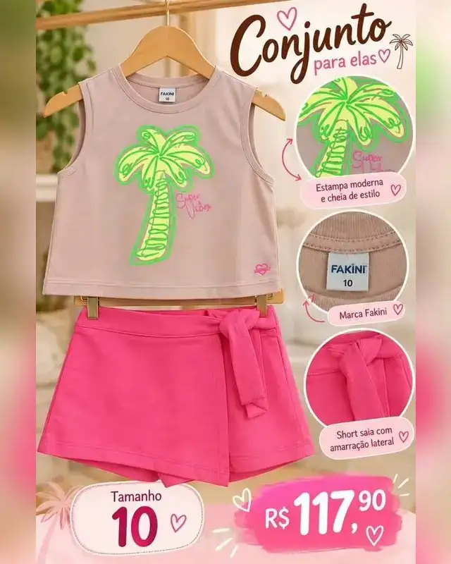 Conjunto Fakini regata palmeira e short-saia rosa