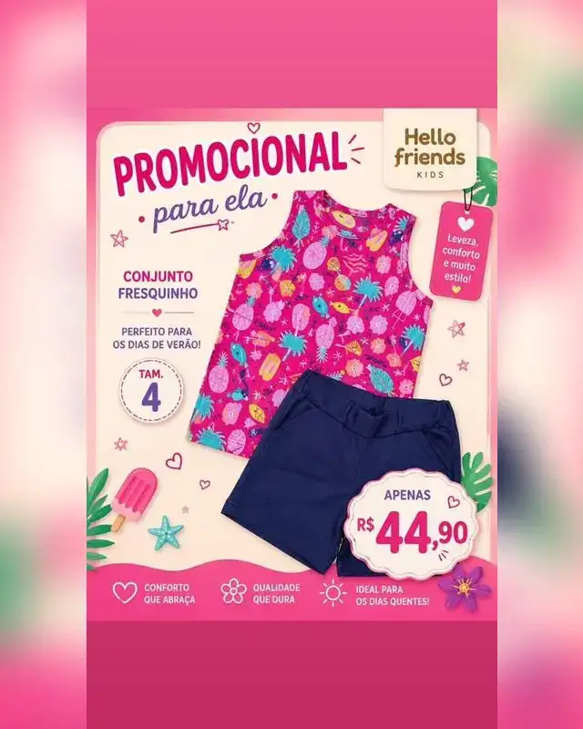 Conjunto Hello Friends blusa estampada e short marinho