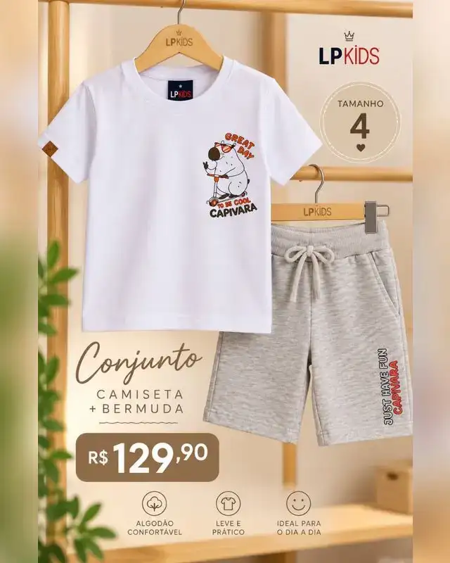 Conjunto LP Kids camiseta Capivara e bermuda cinza