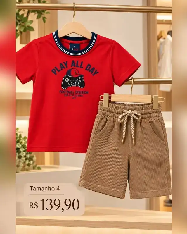 Conjunto LP Kids camiseta vermelha e bermuda caramelo