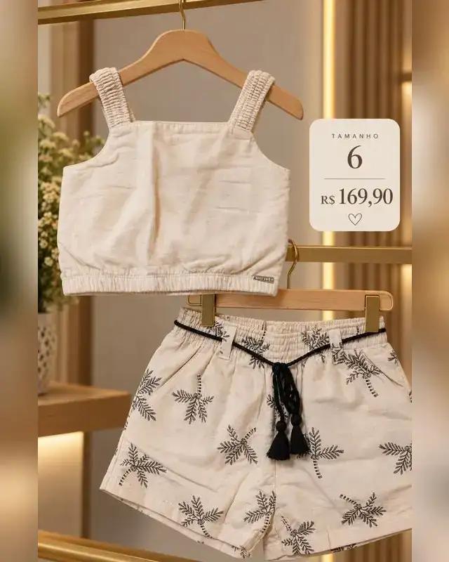 Conjunto cropped e short off-white com palmeiras
