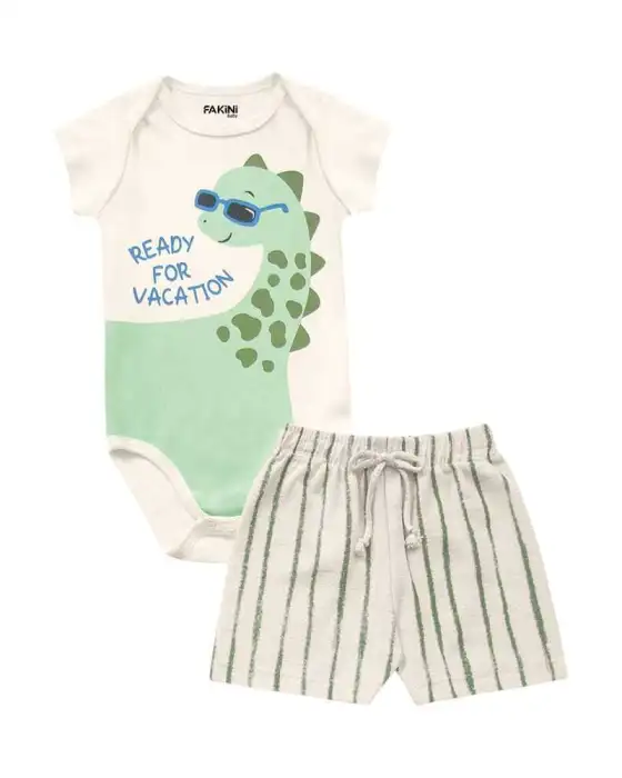 Conjunto Bebê Dino, body e bermuda marfim