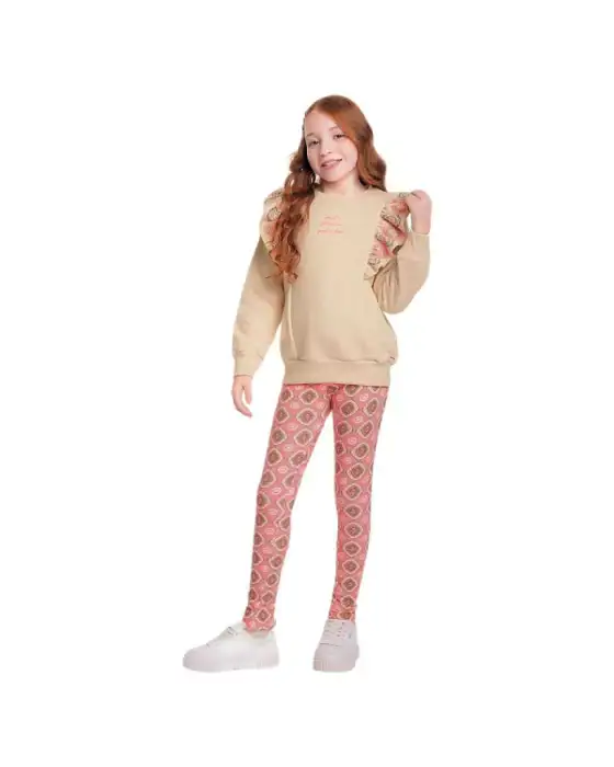 Conjunto calça legging de inverno e blusa moletom flanelado com babados (Bege, Rosa)