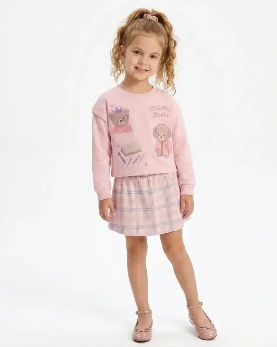 Conjunto feminino infantil moletom e saia com shorts