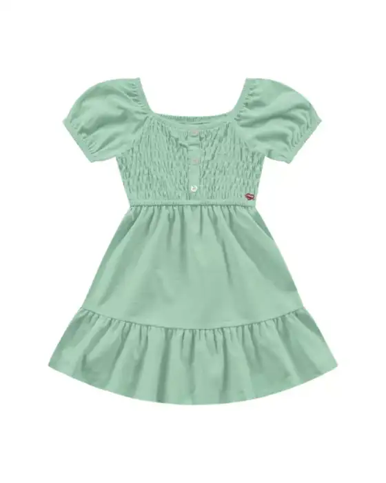 Vestido Infantil Liso Manga Bufante e Lastex