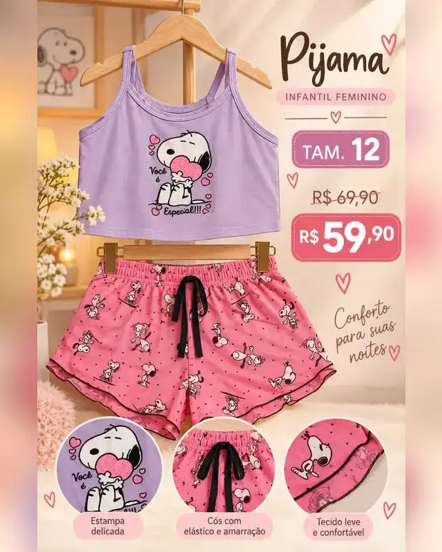 Pijama Snoopy lilás e rosa