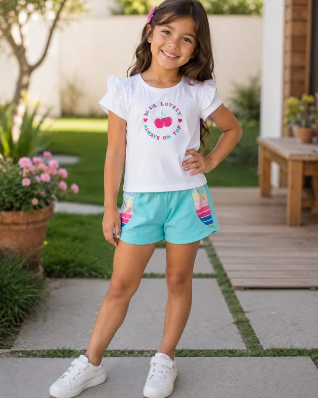 Menina com camiseta branca de cerejas e short turquesa