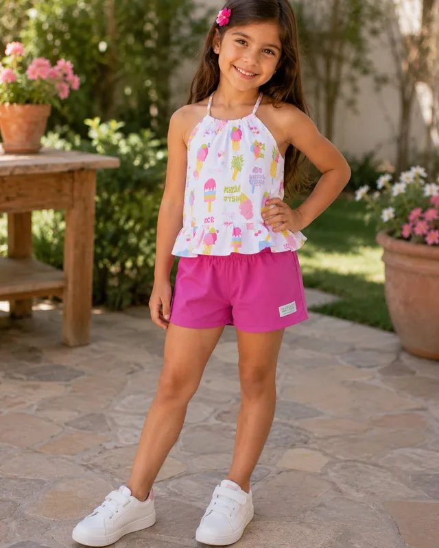Menina com regata estampada de sorvetes e short pink