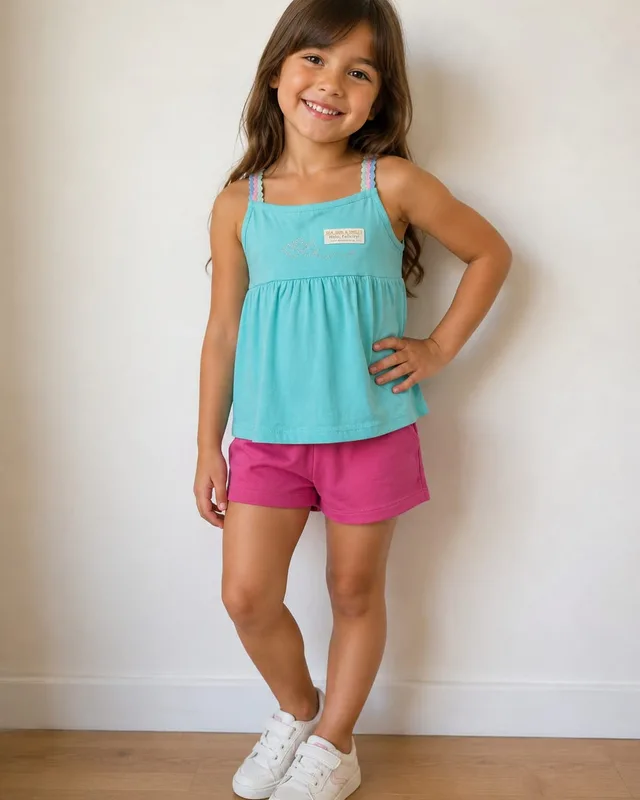 Menina com regata turquesa e short pink